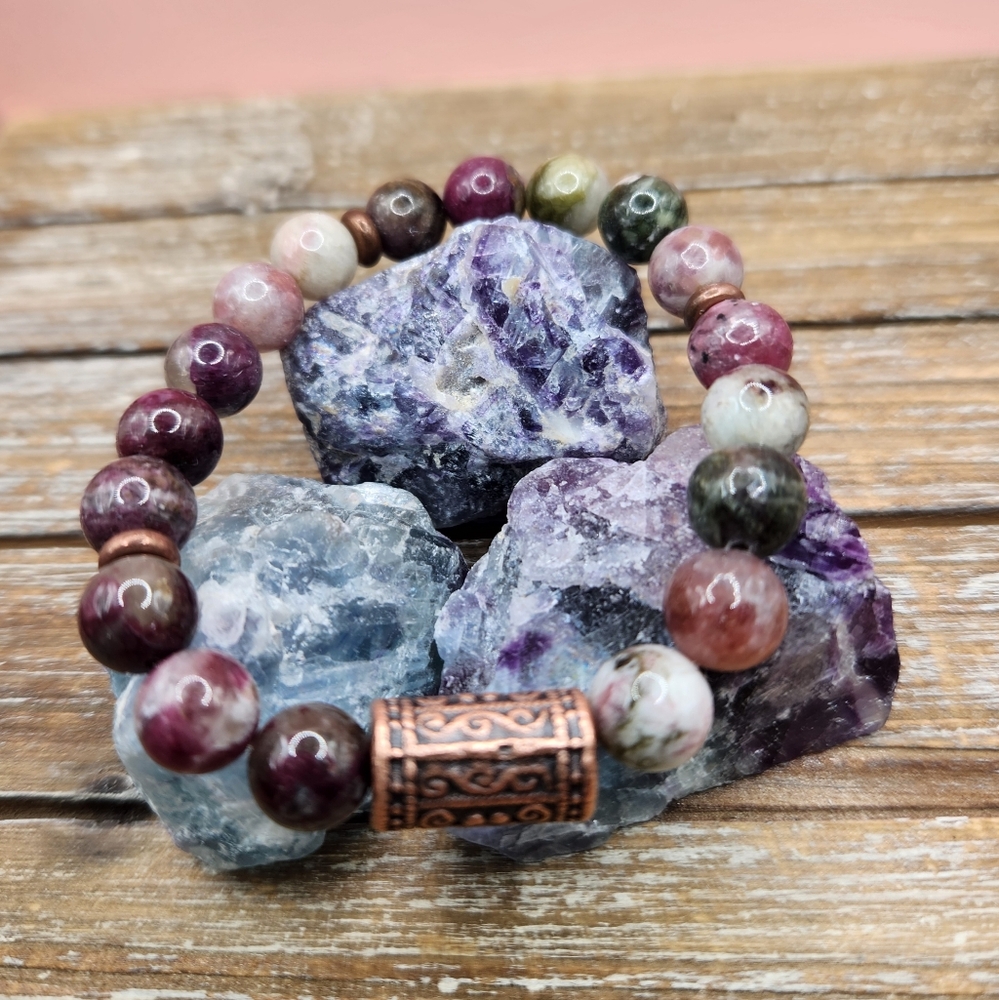 Watermelon Tourmaline and Copper Beaded Bracelet